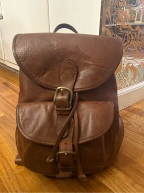(Gently Used) M London Drawstring Leather Backpack with Buckle Closure - Brown